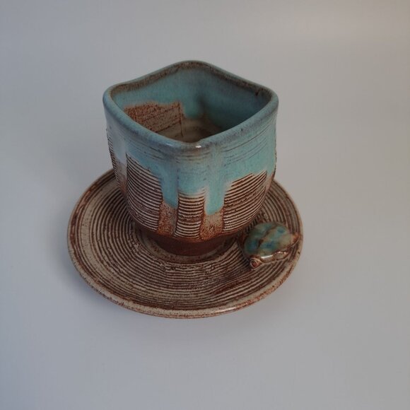 Handcrafted Ceramic Square Cup Saucer Set With Textured Design - Picture 1 of 15